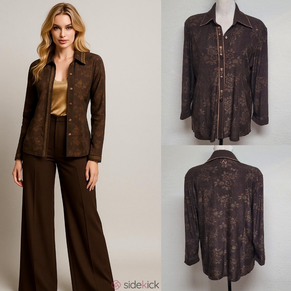 60s Vintage Brown Floral Embroider Sequin Contrast Stitched Dagger Collar Blouse